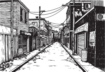 Black and White Illustration of an Alleyway with Buildings and P