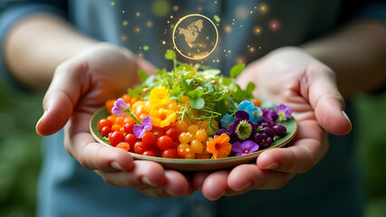 Sophisticated hands presenting cutting-edge food recognition technology over artistic rainbow salad with floral garnishes