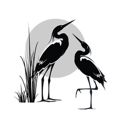 Two Heron birds silhouette standing near grass bushes thickets against a large sun circle. Vector drawing isolated on white background for printing on T-shirt, bag, ceramics or for logo, sign, emblem.