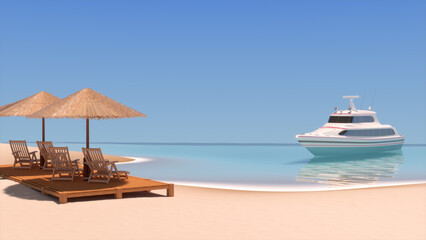 Wooden umbrellas with thatched roof, sun loungers, wooden decking on a sandy beach by the sea with a white modern yacht sailing on it. 3d illustration on a blue sky background