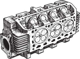 Detailed illustration of a car engine cylinder head in black and