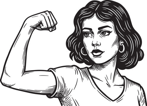 Strong woman flexing arm in black and white vintage illustration
