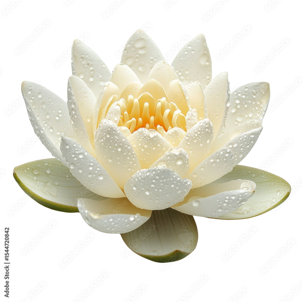 Poster beautiful white lotus flower with water droplets on its petals, symbolizing purity and tranquility. 