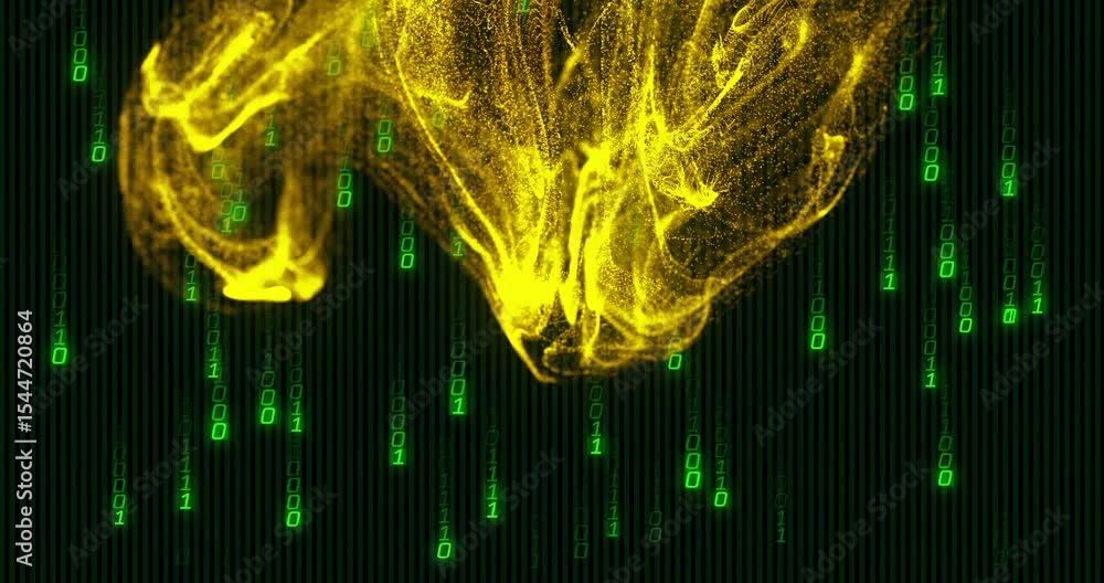 Poster yellow specks kicking off code cascading behind glowing cloud morphing pulsing showing data flow