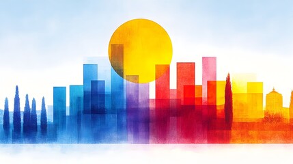 Watercolor city skyline sunset illustration design