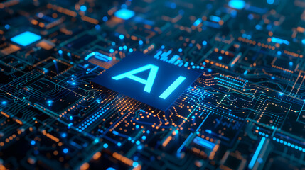 Obraz premium AI logo on top of a circuit board with blue and orange lights