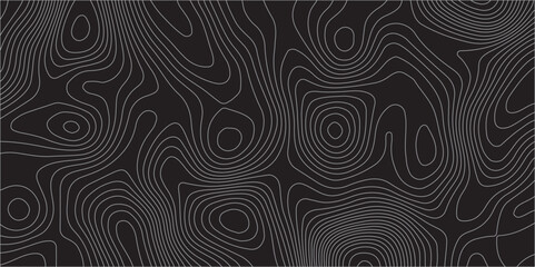 Create a vector illustration of an abstract topographic map pattern set against a dark,solid black background. Thin, fluid,and irregular lines in varying shades of dark gray and light gray should form