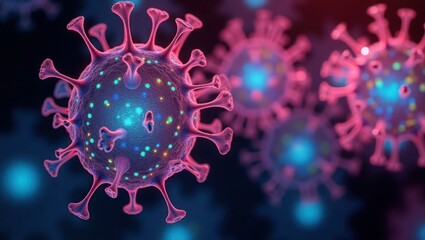 Pink and Blue Coronavirus 3 D Render Microscopic View