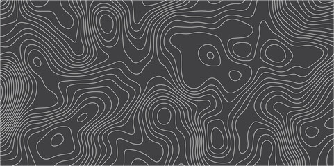 Fototapeta premium Create a vector illustration featuring an abstract topographic map pattern. The background should be a solid, deep dark gray or charcoal color. Overlaid on this background are numerous thin.
