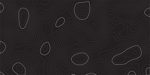 Create a vector illustration featuring an abstract topographic map pattern. The background should be a solid, very dark gray or near-black color. Overlaid on this background are numerous thin.