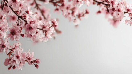 Obraz premium Modern Japanese floral design with cherry blossom accents and large blank area for text, white background, elegant minimal layout, copy space.