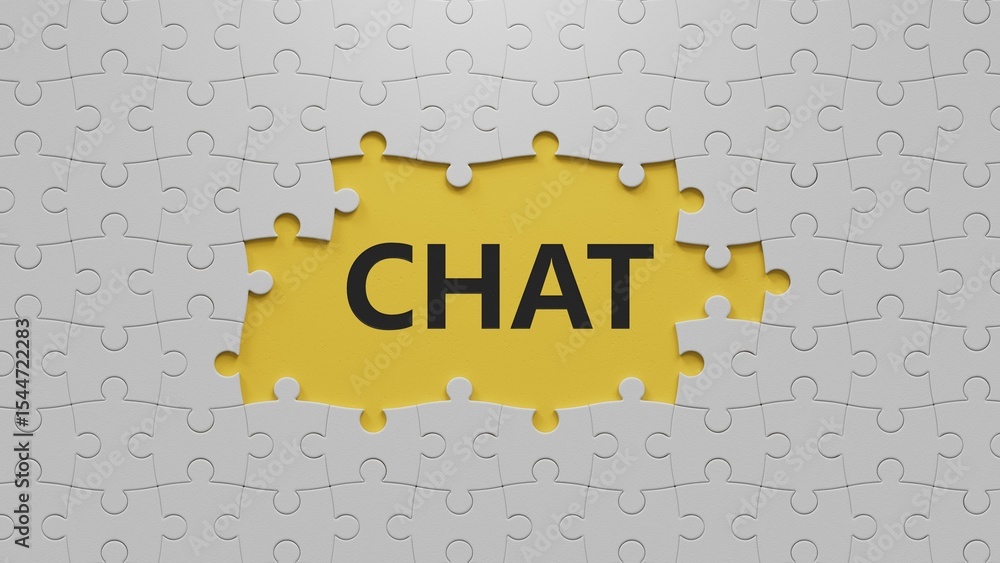 Poster chat.the white puzzle pieces with missing pieces spelling.flat lay view from above on the white puzz