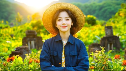 Happy woman in sun hat, gardening, rural landscape, sunset