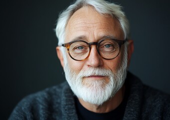 Senior man with glasses and a beard, wearing a sweater, thoughtful expression.