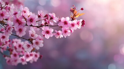 Obraz premium Traditional Japanese cherry blossom scenery with blurred background, copy space on the right, romantic and dreamy mood, bokeh effect.
