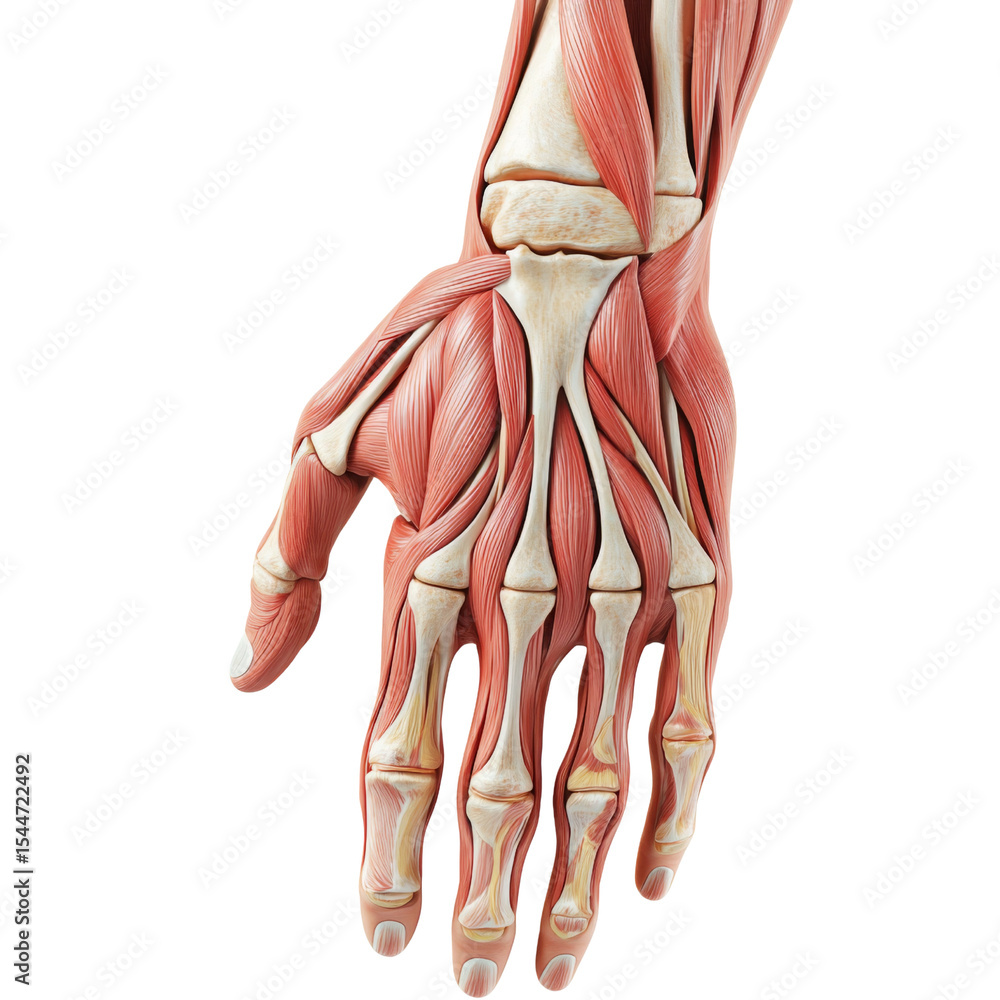 Poster anatomical illustration of human hand showing muscles and bones in detail, highlighting structure an