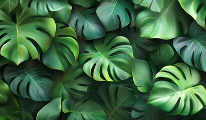 Lush green monstera leaves create a vibrant, tropical backdrop.