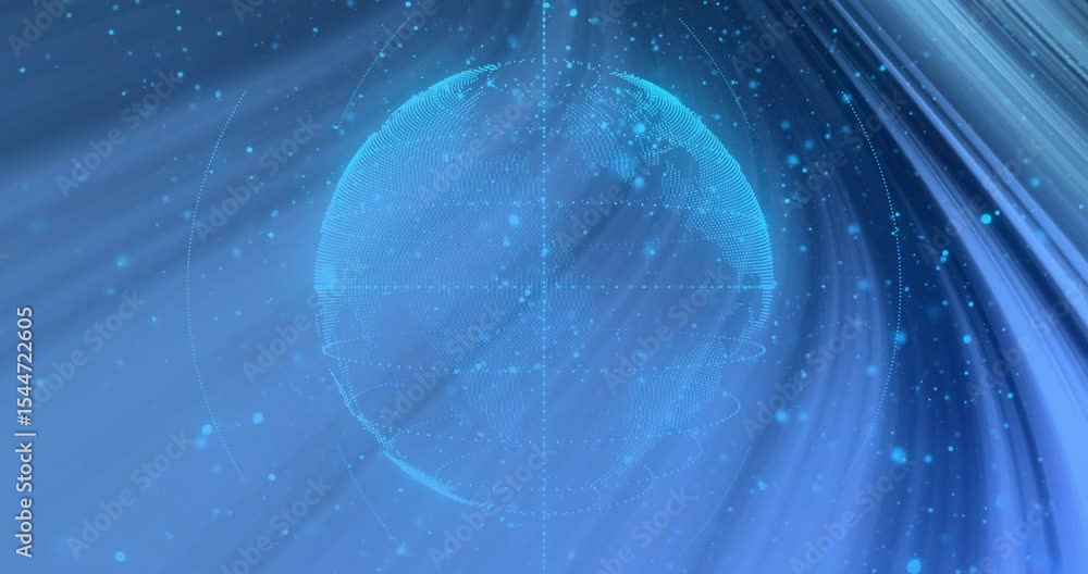 Aufkleber opening with blue streaks clusters forming into sphere with spinning rings visualizing data flow