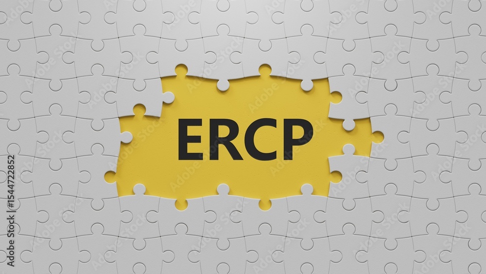 Aufkleber the white puzzle pieces with missing pieces with the word ercp. care concept.close up of the white p