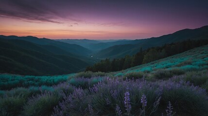 Obraz premium Lavender field at sunset in mountain valley