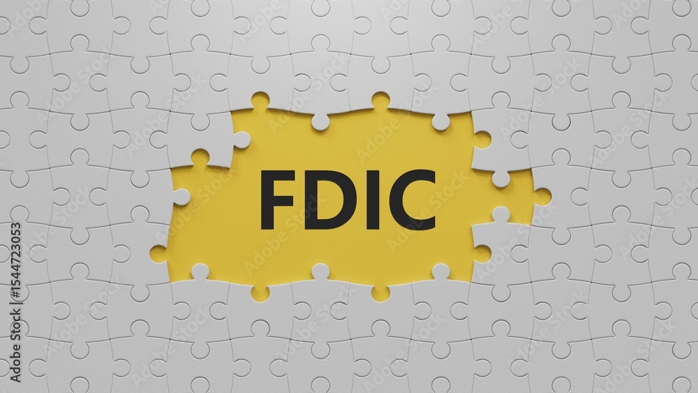 Poster fdic word written on the white puzzle pieces with missing pieces with copy space.close up of the whi