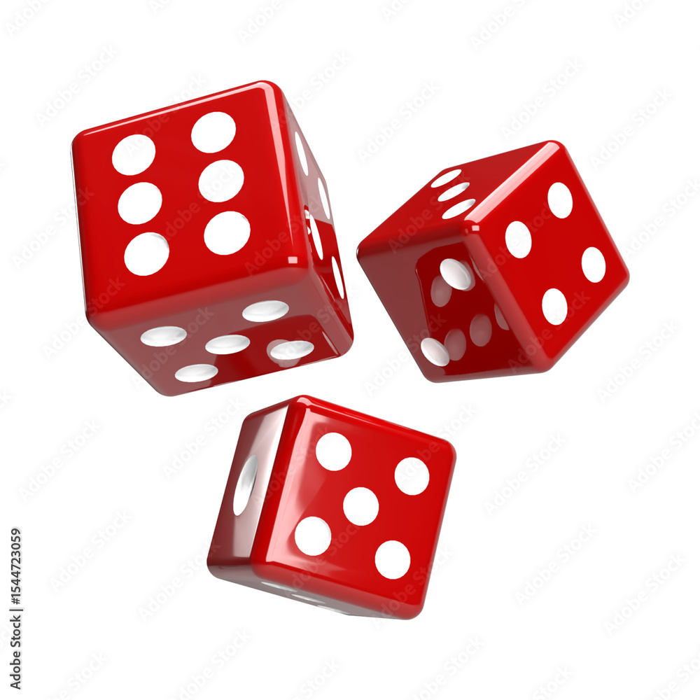 Poster three red dice with white dots floating in the air against a black background in a studio shot