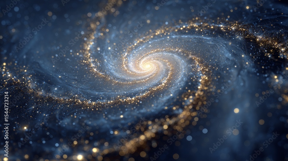 Poster abstract spiral galaxy with glowing gold and blue lights swirling in cosmic space, vibrant nebula an