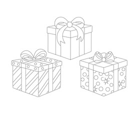 Three Gift Boxes with Bows Outline for Coloring or Design Projects