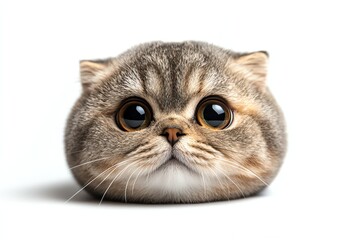 A cute, round-faced cat with large eyes posing adorably.