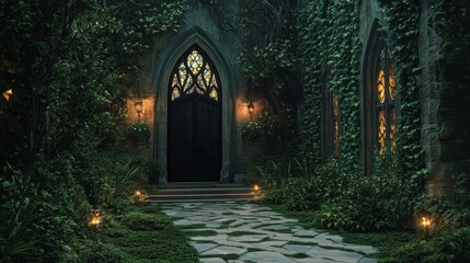 Dark, gothic entryway shrouded in lush greenery