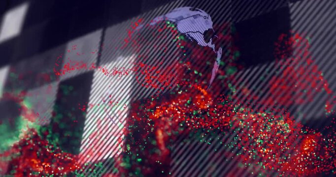 Swirling red-green particles forming globe rotating, stripe crossing sphere causing scatter