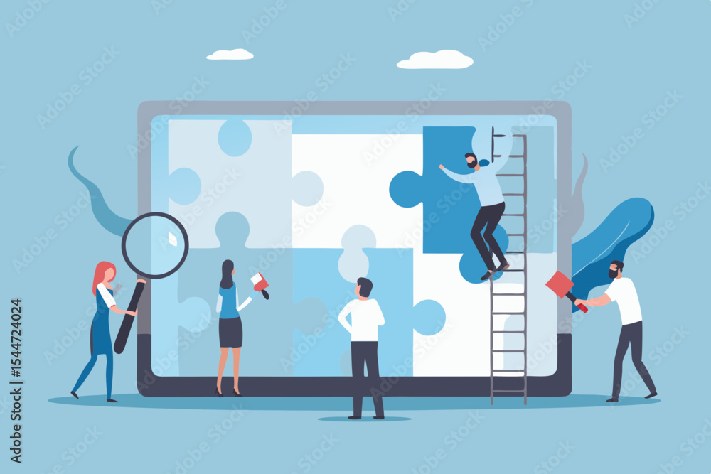 Poster teamwork and problem solving concept with people putting together a jigsaw puzzle on a screen busine