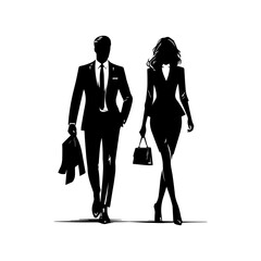 Stylish business couple confidently striding forward, showcasing professional attire and accessories.