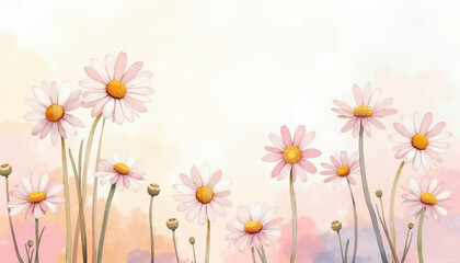 Obraz premium A soft, watercolor painting showcasing a field of delicate pink daisies.