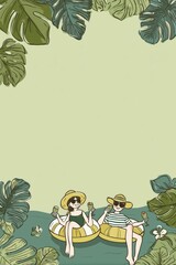Fototapeta premium Two women are relaxing in yellow floaties with drinks in hand, set against a soft green background adorned with tropical leaves.