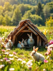 A house for a family of rabbits on a farm. Cute fluffy rabbits among delicious flowers on a sunny summer day.
