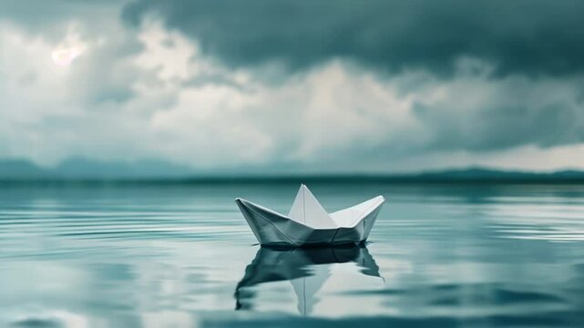Paper boat floating on calm water under cloudy sky symbolizing solitude, hope, and journey.