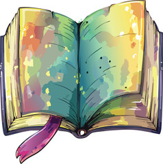 the open book's appearance (colors, textures, script). What does it imply about its age and the atmosphere