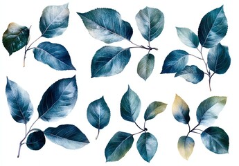 Various detailed leaves in shades of blue and green on a white background.