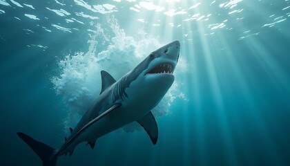 Obraz premium Great White Shark Swimming Underwater with Sun Rays
