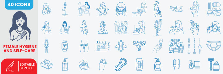 Female Hygiene and Self-Care Blue Line Icon Set &ndash; Includes Menstrual Health, Personal Care, Wellness, Intimate Hygiene, and Daily Routine Essentials | Vector Illustration with Editable Stroke