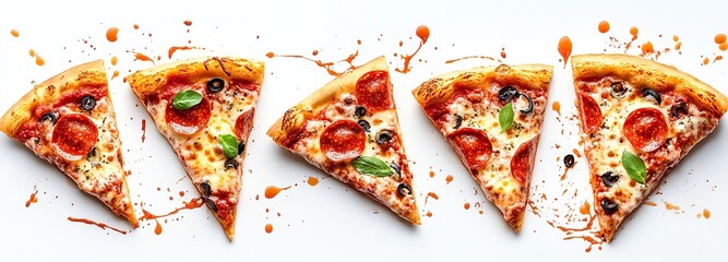 Slices of pizza with toppings and sauce splatters on a white background.