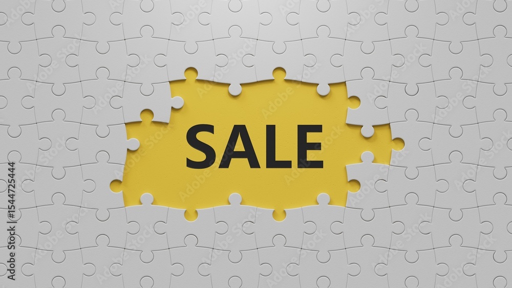 Poster sale.the white puzzle pieces with missing pieces spelling.flat lay view from above on the white puzz