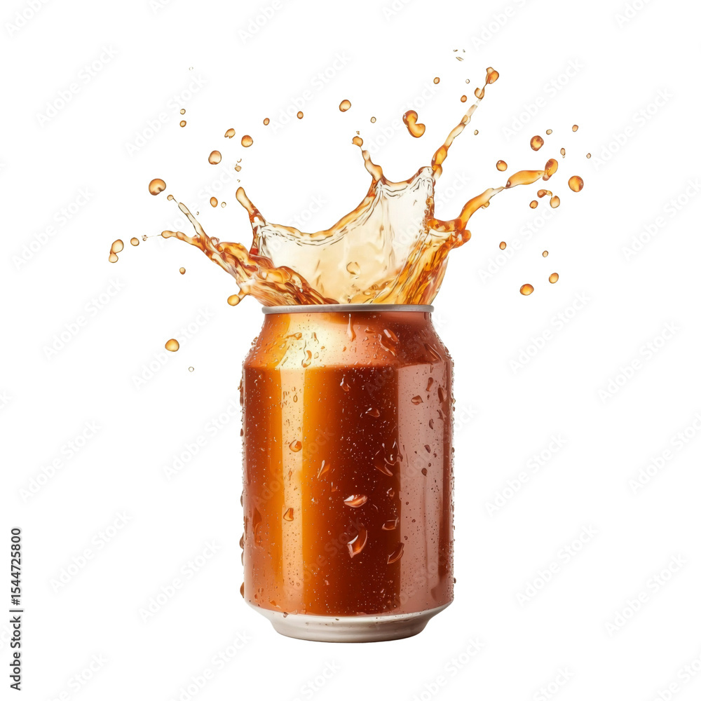 Poster can of soda splashes with refreshing liquid, showcasing droplets and vibrant colors. dynamic motion 