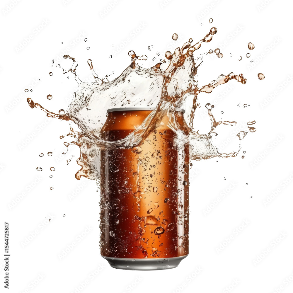 Poster can of soda splashes in water, creating dynamic droplets and refreshing scene. vibrant colors and motion evoke sense of excitement and thirst quenching enjoyment