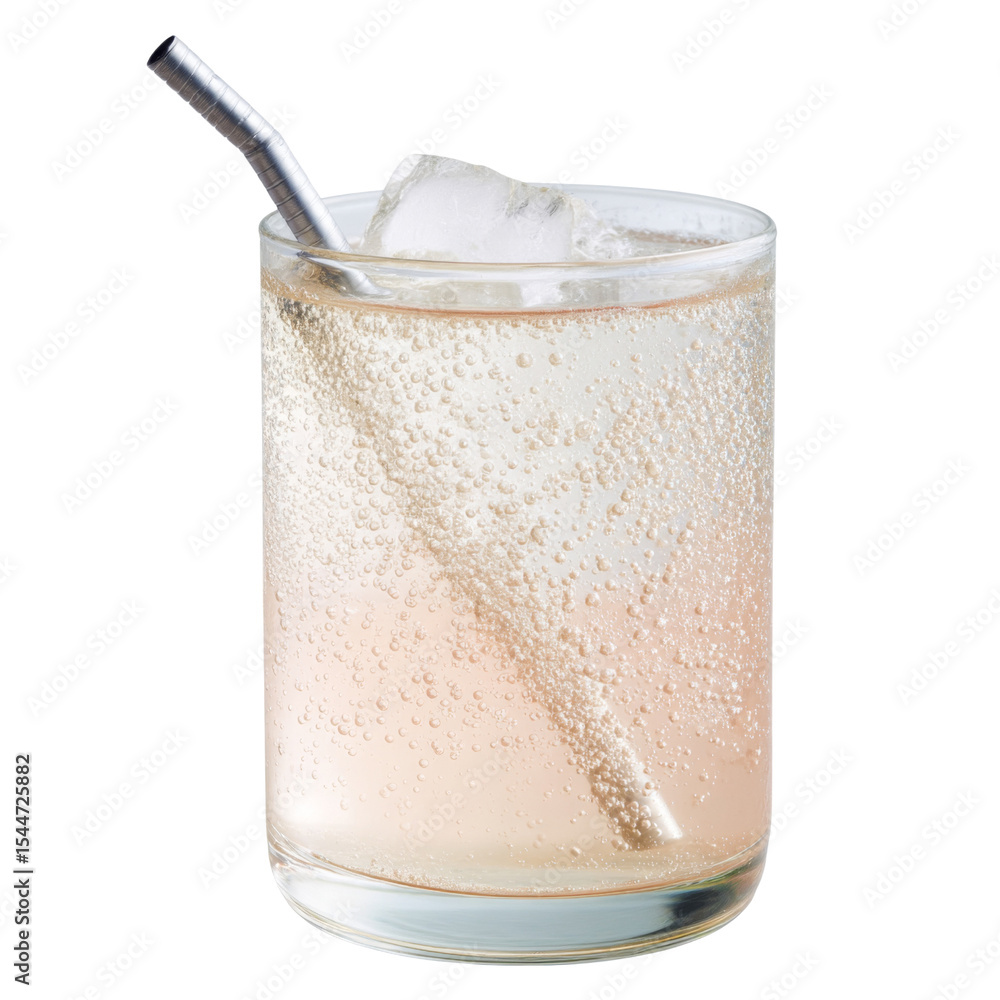 Poster refreshing sparkling drink in glass with ice and straw