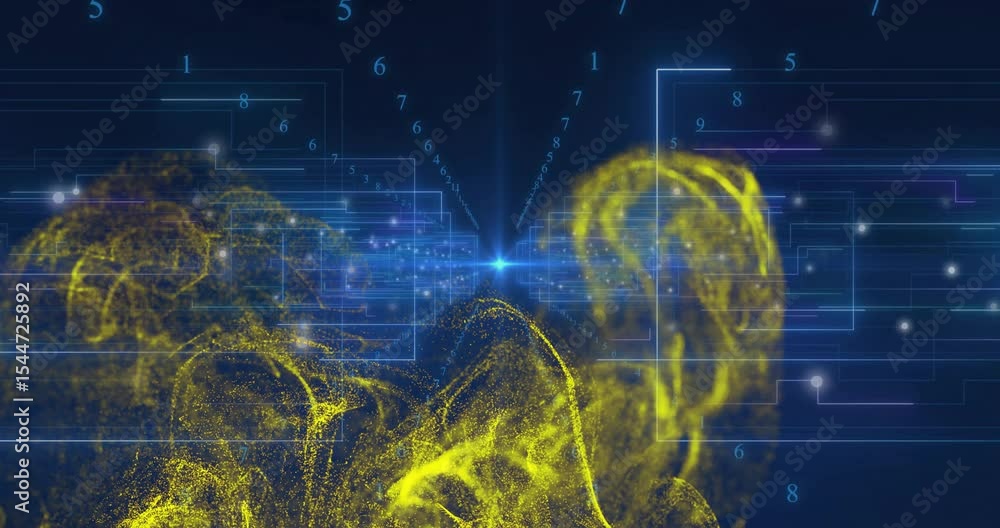Poster central node pulsing and emitting digits while yellow mist rising and swirling showing data flow