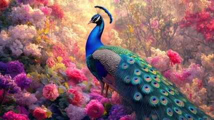 Fototapeta premium Peacock amidst vibrant floral display