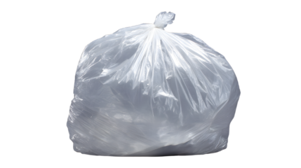 Trash Bag: A transparent plastic trash bag, fully loaded and ready for removal, symbolizing waste, disposal, and environmental responsibility.