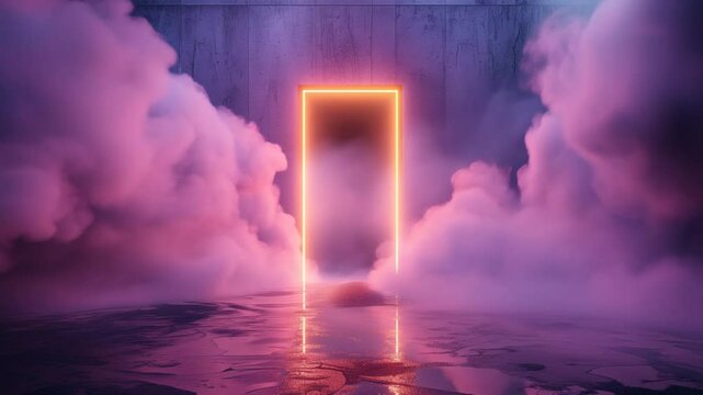 Glowing neon doorway surrounded by pink smoke in futuristic mysterious scene with surreal atmosphere.